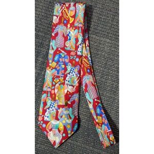 Vtg Leonard Paris Mens Luxury Tie Multicolor Whimsical Print On Red 69629 Unique